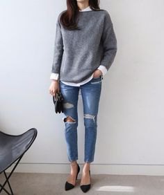 gray knit sweater with white shirt and ripped skinny jeans