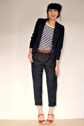 Cuffed chinos with striped t-shirt and black blazer