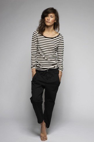 black and white striped long-sleeved t-shirt with chinos