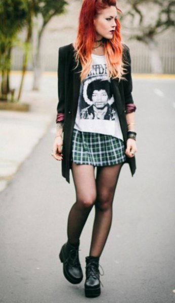 white printed t-shirt with green checked mini skirt and long blazer