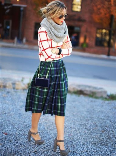 green checked skirt with red and white sweater