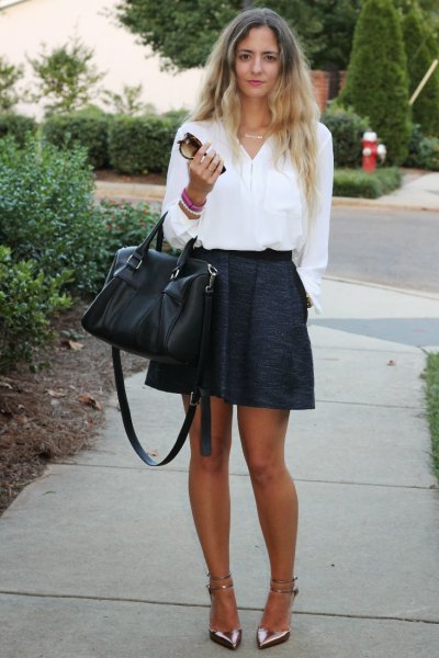 white button down shirt and black mini skirt