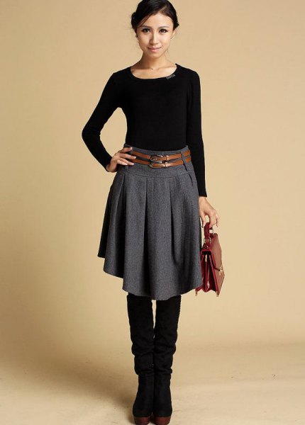 knee-length wool skirt black knee-high boots
