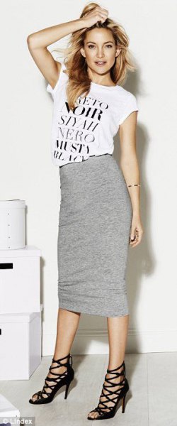 white printed t-shirt gray midi skirt
