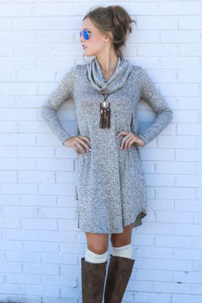 Gray Cowl Neck Sweater Dress