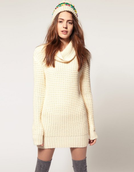 White Cowl Neck Knit Sweater Dress