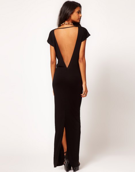 Black Deep Parted Maxi Dress with Plunging Back