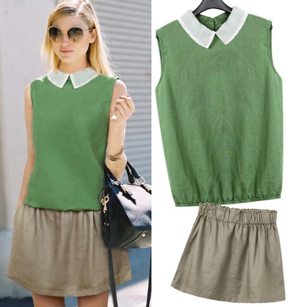 green collared sleeveless shirt and mini skirt