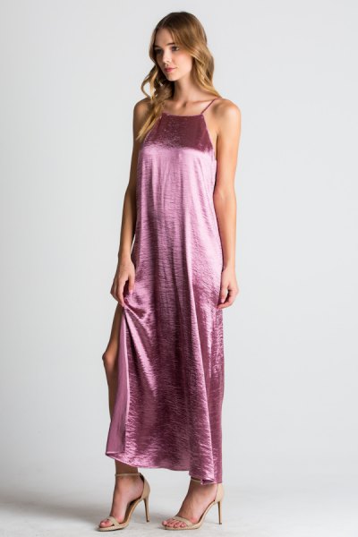 silver maxi halter dress with light pink open toe heels