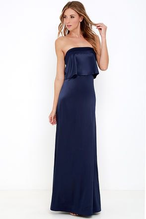 deep blue strapless faux imitation satin two piece maxi dress