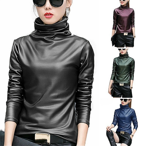 Women's Fashion Leather Tops Sexy Long Sleeve T-Shirts Thickened PU.