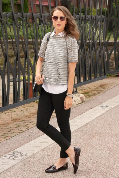 gray short sleeve sweater with white shirt and black slip-on shoes