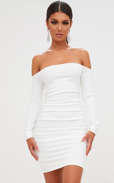 white bodycon dress shirred off the shoulder