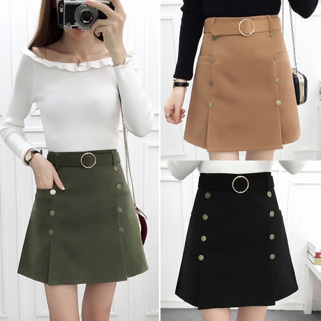 Buy a word skirt female high waist skirt belt short skirt black.