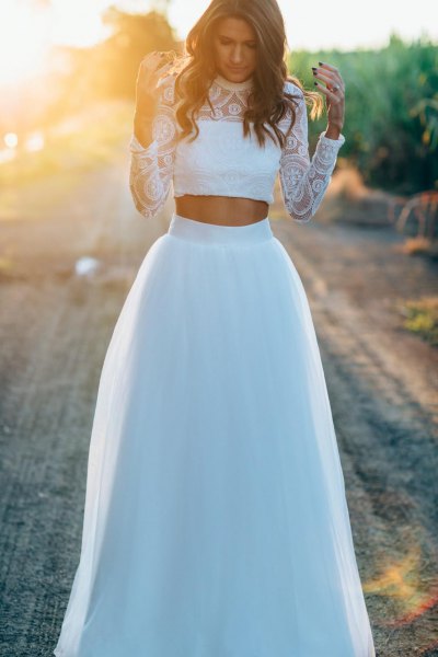 white lace cropped high waist blouse long white tulle skirt