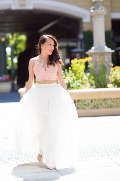 Blush short pink top shirt with white long tulle skirt