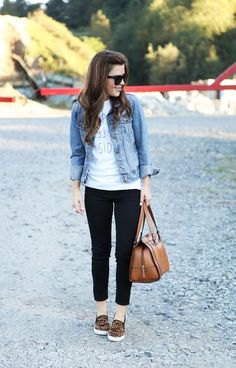 blue denim jacket with white graphic t-shirt and cropped jeans