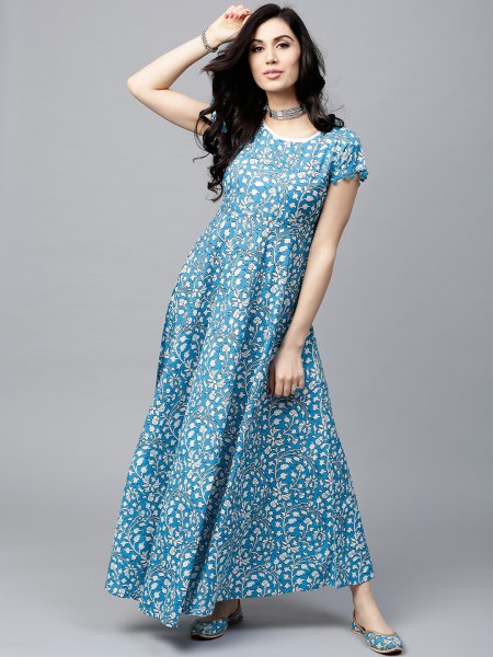 Aqua blue and white polka dot choker maxi dress