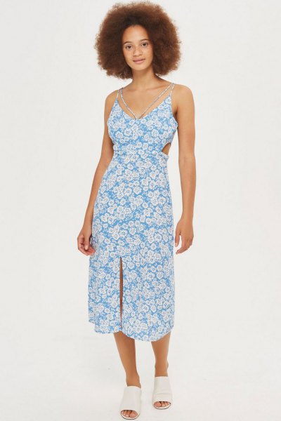 Aqua blue and white floral V-neck midi dress with white open toe shoes