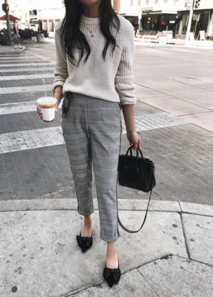 white ribbed bulky sweater with cropped plaid slim-fit pants