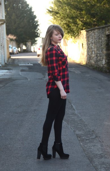 red and black plaid shirt with super skinny jeans and heeled boots