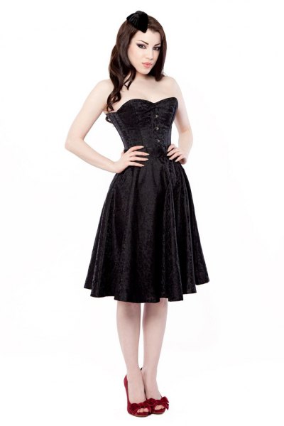 black knee length flared corset dress