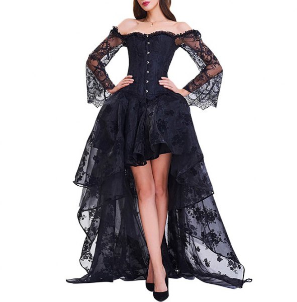 High-top, semi-transparent black lace corset dress
