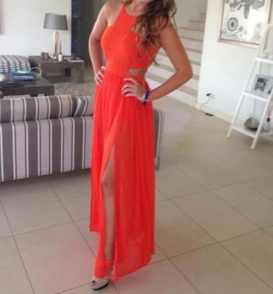 orange maxi pillow dress with cut out side