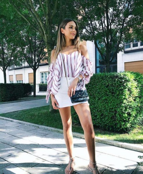 white and gray striped shoulder blouse with mini skirt