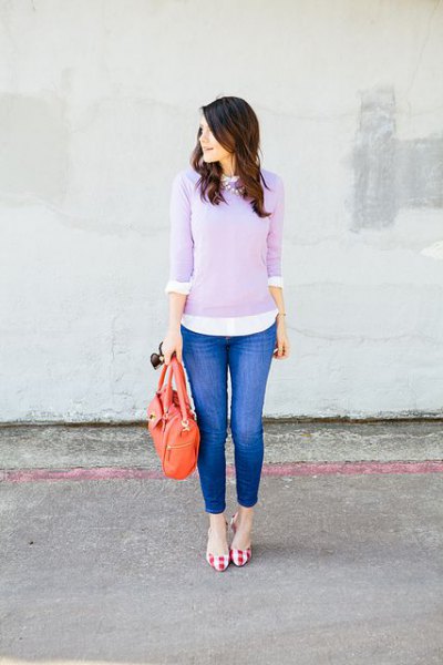 Lavender sweater over white button down shirt