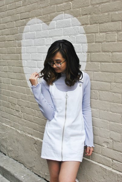 Lavender sweater with white mini dress