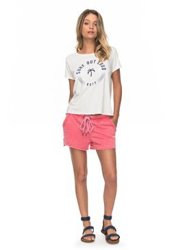 white printed t-shirt with blush pink fleece shorts