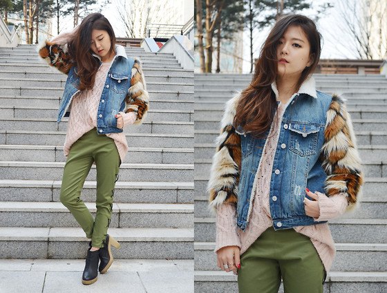 Denim vest with faux fur sweater and green pants