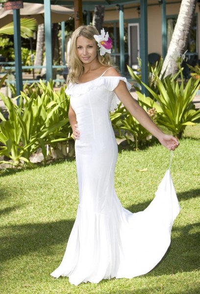 white cold shoulder mermaid wedding dress