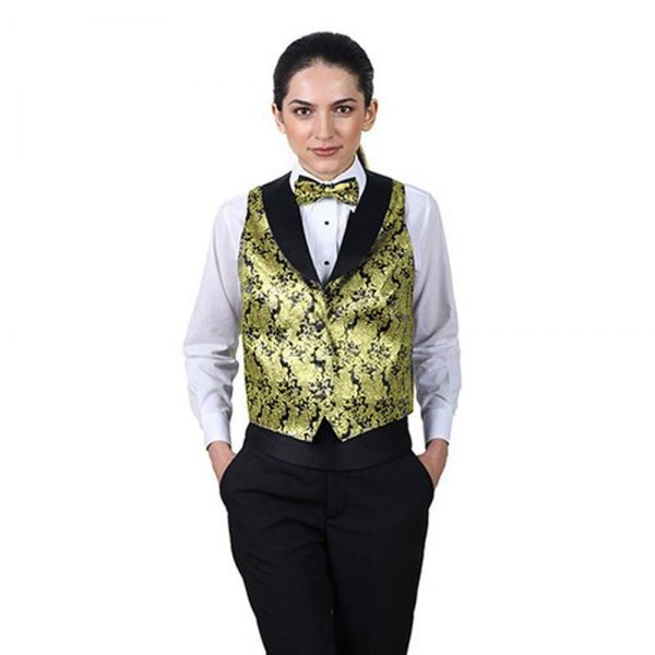 Waistcoat with gold and black print, matching bow tie and white shirt