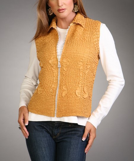 golden lace vest with zipper and white long sleeve t-shirt