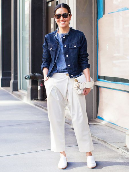 Denim jacket white trousers with wide legs