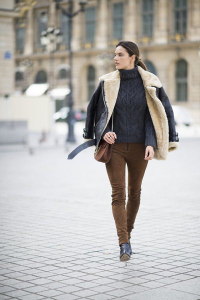 Suede trousers, fur collar, leather jacket