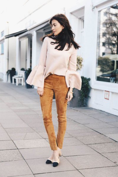 green suede pants white sweater with bell sleeves