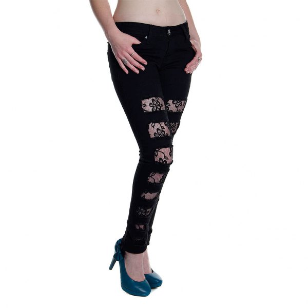 ripped lace black skinny jeans with dark blue leather heels