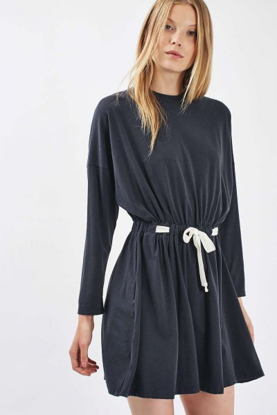 Gray Belted Batwing Flare Mini Dress