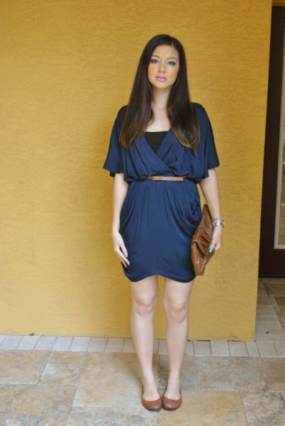 Wrap dress with batwing belt in navy blue