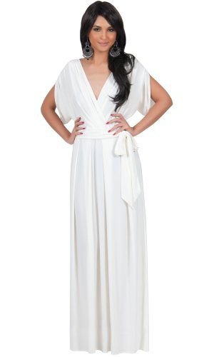 white floor-length wrap dress with V-neckline