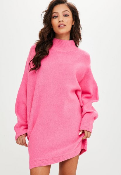 shocking pink batwing sweater dress with mock neckline