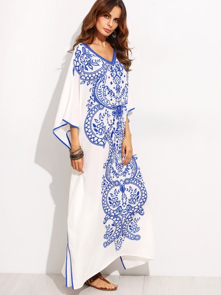white and blue maxi dress with tribal print