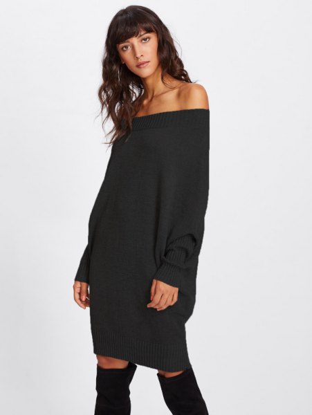 Black off the shoulder chunky sweater dress