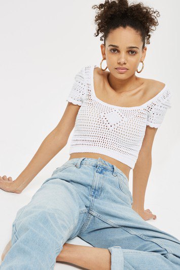 white crochet lace crop top with light blue boyfriend jeans