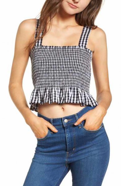 black plaid square neck ruffle top and blue jeans