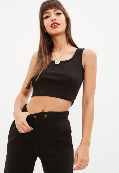cropped tank top with black square neckline and jeans
