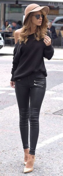 black strapless sweater with skinny leather biker pants